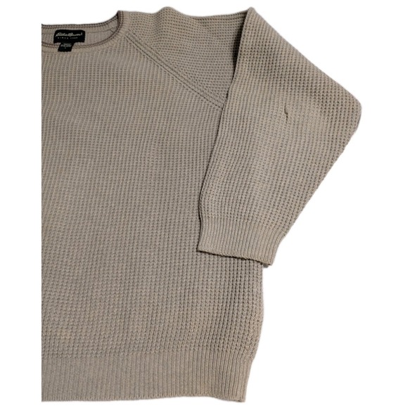 Eddie Bauer Sweater Mens L Oatmeal Waffle Knit Cotton Made in UK Fisherman Crew - Picture 3 of 9